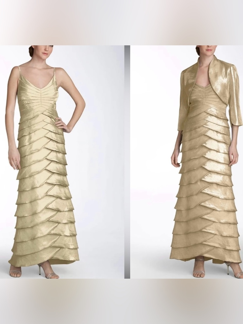 Adrianna Papell Occasions Champagne Formal Evening Shimmery Tiered Maxi Dress 4P